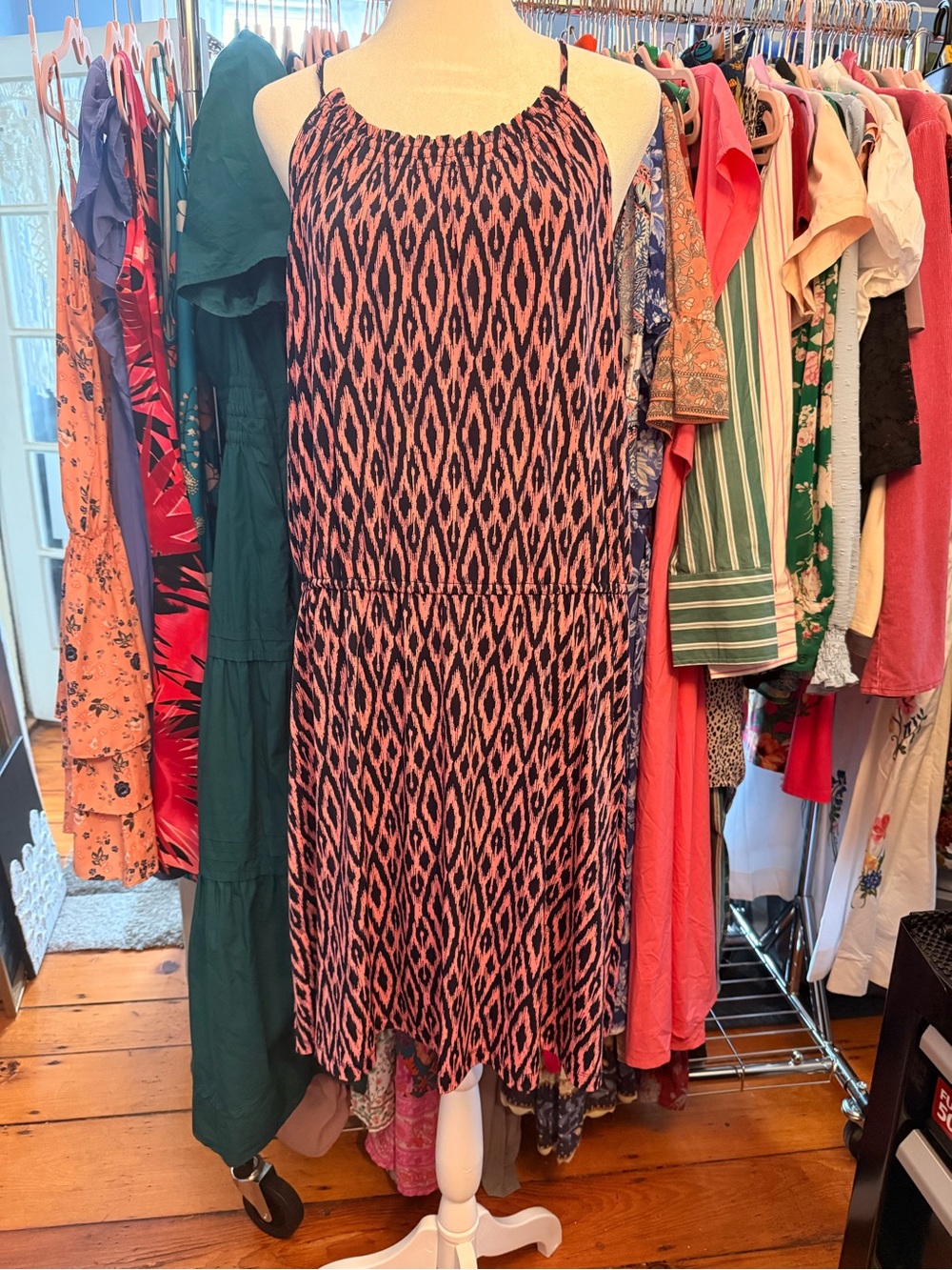 Banana Republic Pink and Black Geometric Halter-Style Midi Dress